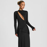 Autumn 2025 New Solid Color Sexy Body Hollow Bag Hip Dress With Temperament Long-Sleeved Dress