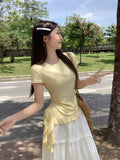 Milk Yellow Round Collar Front Shoulder Short-Sleeved T-Shirt 2026 Summer New Irregular Hem Lotus Leaf Edge Repair Coat