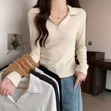 Korean Polo Collar Long-Sleeved Mask T-Shirt Women's Autumn And Winter New Design Feeling Folded Waist Unique Special To The Bottom Shirt