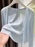 Large-Size Blue V-Neck Ice Silk Sunscreen Knitted Cardigan Women's Summer Thin Slings With Knitted Blouse Shawl