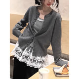 Korean Retro Gray Knitted Cardigan Sweater Coat Women Early Spring With Folding Design Sense Of Unique Top