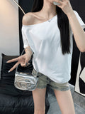 Pure Cotton Oblique Shoulder Design Small Babes Short-Sleeved T-Shirt Girls Summer Loose Lazy Wind Casual Shoulder Coat