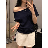 White Solid Color Oblique Shoulder Short-Sleeved T-Shirt 2026 Summer New Word Shoulder Loose Meat Thin Top