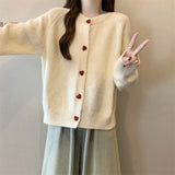 Red Love Buckle Gray Knitted Cardigan Sweater Coat Women Autumn New Large-Size Fat Mm Korean Chic Top