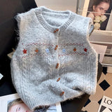 Vintage Knitted Vest Women Handmade Flowers Spring And Autumn Shoulder Vest Collar Folded Sweet Taut Horse Clip