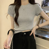 Red Retro Short White Women's Top Summer Tight Shoulder Sweet Hottie French Chic Short-Sleeved T-Shirt