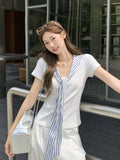 Korean White Academy Wind Navy Collar Shoulder Short-Sleeved T-Shirt Women's New Summer Fake Two-Piece Shawl Dress