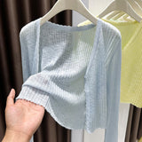 Large-Size Blue V-Neck Ice Silk Sunscreen Knitted Cardigan Women's Summer Thin Slings With Knitted Blouse Shawl