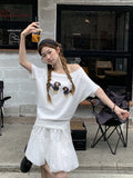 Dachshund Printed Oblique Shoulder Design Short-Sleeved T-Shirt For Women's New Open Shoulder Loose Top In The Summer Of 2026
