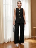 Women's Fashion Gold Buttoned Vest Trousers Two-Piece Casual Suit Women