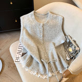 Soft-Gallow Light Gray Lace Lace Hem Spliced With Vest Women's Spring New Folding Loose Knitting Top