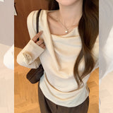 Apricot Out Shoulder Collar Long-Sleeved T-Shirt Girl 2026 Autumn Sweet Hottie Design Folded Waist One-Word Shoulder Coat