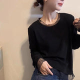 Net Yarn Splicing Long Sleeve Bottom Shirt Women Autumn And Winter New Loose Thin Temperament Simple Solid Color Shirt T-Shirt