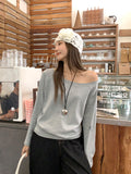 Pure Desire A Word Shoulder Gray Angle Shoulder Long-Sleeved T-Shirts For Women's Autumn Loose Bottom Shirt Languid Chic Beauty Top