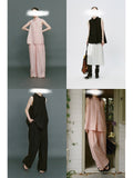 Summer Thin Two Sets Of Sleeveless Air Swing A Word Half High Collar Blouse Broad Legs Cool Pants