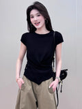 Irregular Round-Neck Short-Sleeved Ice Silk Knitted Women 2025 Summer New Fashion Ocean Design Feel Waist Top