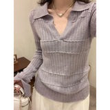 Purple Polo Collar Design Long-Sleeved Bottom Knitted Shirt Women Take Early Autumn Chic Age Reduction Top