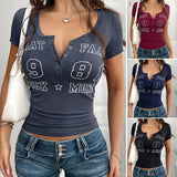 Dili 2025 Spring/Summer Y2K Sexy Babes Letter Print Button V Collar Short-Sleeved Top Dress Women's Clothing