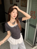 Purple Design Fake Two 2026 New Short-Sleeved T-Shirt Women Summer Chic Sweet Wearing Shoulder Repair Body