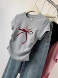 Pure Cotton Bow Short-Sleeved T-Shirt Women's Summer 2025 New Design Sense Small Man Repair On The Shoulder