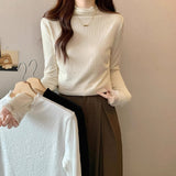 French Temperament Shoulder Lace Side Bottom T-Shirt T-Shirt Women Autumn And Winter Plus Velvet Half-High Collar Long Sleeves To Put On The Top