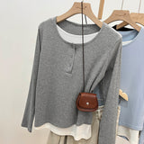 Small Buckle Fake Two T-Shirt Women's Long Sleeve Early Autumn Design Sense Of Small Bumpy Loose Top Inside The Bottom Shirt