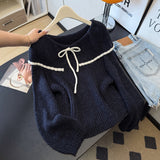 Super Good-Looking Unique Doll Collar Shoulder Knitted Shirt Woman 2025 Early Autumn Large-Size Fat Mm Bottom Sweater Soft Glutinous Top