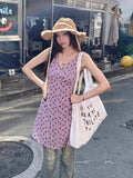 French Tea Break V Collar Purple Floral Vest Dress Women's Summer New Temperament Sleeveless A Word Holiday Skirt