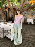 Pure Desire To Put A Word Shoulder Hanging Shoulder Hanging Long-Sleeved Knitted Shirt Women 2026 Autumn Irregular Cross Splicing Top