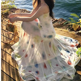Summer Watercolor Hanging Dress Women 2025 Summer New Small Long Irregular Dress With Fishtail Skirt