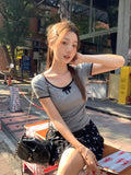 Round Collar Collar Collar Collar Collar Collar Thin Short-Sleeved T-Shirt Girl Spring And Summer Bow Tie With Straight Shoulder To Put On The Top