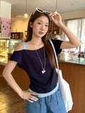 Korean Slanted Shoulder Design Fake Two Short-Sleeved T-Shirt 2026 Summer New Ditic Thin Loose Temperament Top