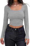 2025 Thread Pit Strip Repair Short Long-Sleeved Square Collar T-Shirt Girl With Hot Girl Casual