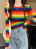 Spring And Autumn 2025 New Korean Version Sweet And Spicy Wind Design Sense Of Small Colling Color Striped Slimming Students Short T-Shirts