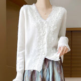 Heavy Industry Fashion Age-Retro-Weighted Women's V-Neck With Lace Lace Tops Autumn Korean Knitwear Coat
