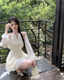 Hanging Neck Fairy Gas Rice White Long-Sleeved Dress Women Spring And Autumn Small Pure Lust High-End Cake Skirt Skirt Short Skirt