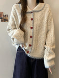 Large-Size Fat Mm Spring And Autumn Retro Love Buckle Lazy Doll Collared Sesame Sweater Women's Loose Knitwear Coat