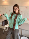 Green Round Collar Knitted Sweater Cardigan Women 2026 Early Autumn Atmosphere Wearing Loose Lazy Button Coat Top