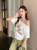 Pure Wind Summer Ootd Wearing An Oblique Shoulder Word Collar Short-Sleeved T-Shirt Female Out-Of-Shoulder Beautiful Letter Print Top