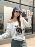 Lazy White Puppy Prints Oblique Shoulder Long-Sleeved T-Shirt Girl 2026 Early Autumn Side-To-Shoulder Relaxation Top