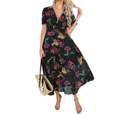 Dili 2025 Spring/Summer Bohemia Sexy Deep V Chiffon Printed Short-Sleeved Dresses Women's Dresses