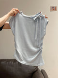 Korean Blue Splicing Strap Design Sense Short-Sleeved T-Shirt Women 2026 Summer New Sleeveless Unique Top
