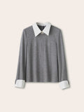 Intellectual College Style Splicing After Opening Buckle Elastic Fake Two Long-Sleeved Knitted Shirt Top Woman