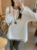 White Long-Sleeved Bottom Shirt Women 2026 Spring Dress New Lace Splicing Loose Round Collar With A Chic T-Shirt Top