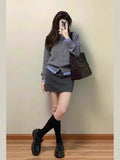 Lazy Wind Gray Fake Two Knitted Cardigan Coat Women Autumn Winter Korean Sweater Bump Color Top Design Sense Niche