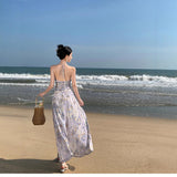 Holiday Wind Chopped Fresh Mesh Hanging Neck Slings Long Skirt Folded Back Dress 2025 New Dress