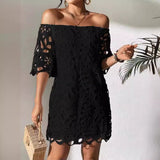 2025 New Commuter Wind Solid Color Brae Shoulder Hollow Lace Dress Dress Dress Dress Woman
