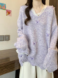 Large-Size French Lace Knitted Women's Autumn And Winter Fashion Soft-Creative Sweater Jersey V-Neck Loose Thin Top