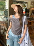 Spice Girl Style Strabismus Collar Off Shoulder Fake Two Stitched Design Short-Sleeved T-Shirts For Summer Super Fire Age Repair Body