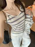 Blue And White Stripes Spliced Colliding Color Knitted Long-Sleeved Cardigan Women 2026 Early Autumn New Loose Feeling Loose Shoulder Coat
